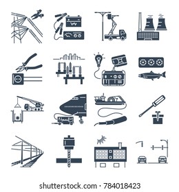 set of black icons electrical equipment, technology, industry