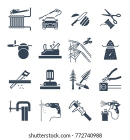 set of black icons electrical hand tools, technology, maintenance
