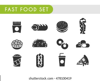 Set black icons. Fast food: French fries, French hot dog, hamburger, soda, roll, chips, tacos, donuts, chicken nuggets, popcorn, hot dog, pizza.