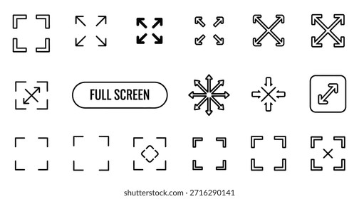 A set of black icons featuring arrows, directional symbols, and a full screen button on a white background, likely used for user interface or navigation