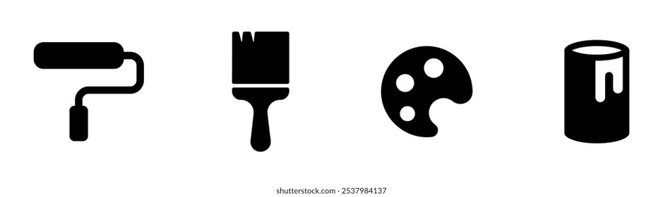 Set of black icons featuring a paint roller, paintbrush, palette, and paint can, representing essential painting tools.