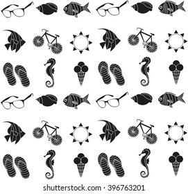 set of black icons of fish and accessories for recreations
