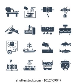 set of black icons food, meal production process, fish, meat
