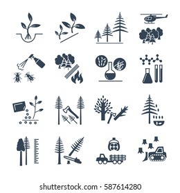 Set Of Black Icons Forestry And Silviculture Production Process