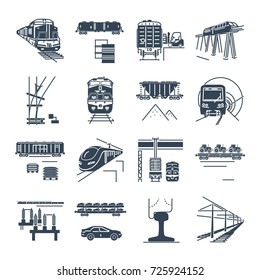 set of black icons freight and passenger rail transport, railway, train, terminal, locomotive