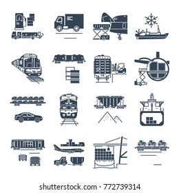 set of black icons freight transport process, goods and cargo, ship, train, airplane