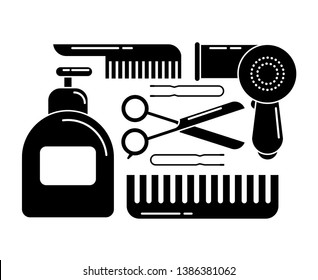 Set of black icons hairdressing tools, hair cosmetics. Flat Vector Illustration