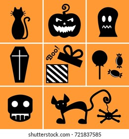 Set of black icons for Halloween on orange background. Halloween icons: zombie, cat, pumpkin, Ghost, candy, spider, coffin, gift.