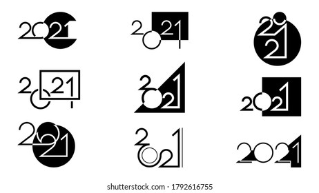 Set of black icons happy new year 2021 made in different styles and compositions using geometric symbols isolated on white background. Vector illustration.