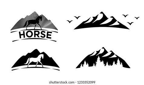 Set of black icons. Horse, mountain, forest. Vector isolated illustration