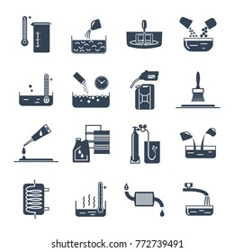 set of black icons household chemicals, tool, process