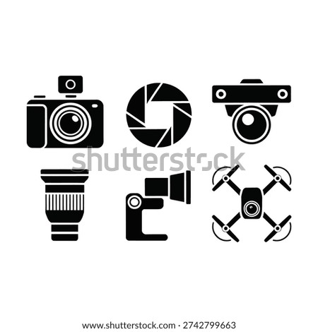 A set of black icons illustrating various camera equipment including a DSLR, aperture, security camera, lens, camcorder, and drone for visual media concepts.
