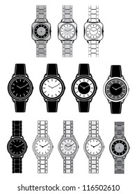 Set of black icons with the image of a female watch. vector