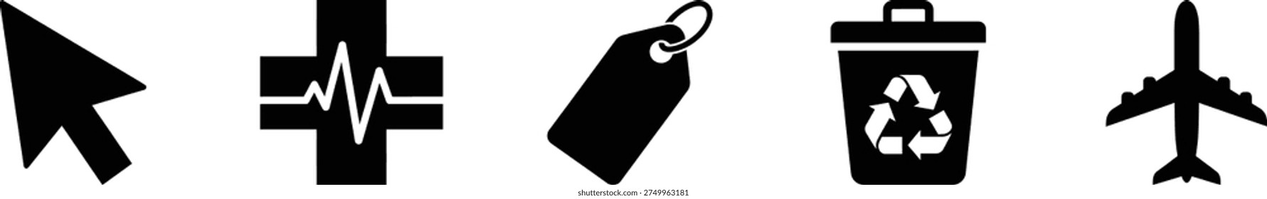 A set of black icons including a computer mouse cursor, medical cross, price tag, recycling bin, and airplane in silhouette mode