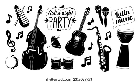 Set Of Black Icons Instruments For Playing Latino Music. Contrabass, Guitar, Drums, Saxophone And Tambourine