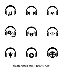 Set of black icons isolated on white background, on theme Headphones