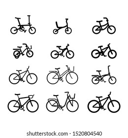 Set of black icons isolated on white background, on theme Bike. Bicycle types icons set. Simple illustration of 12 bicycle types vector icons for web