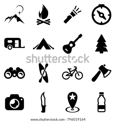 Set of black icons isolated on white background, on theme Camping