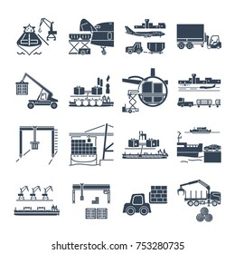 set of black icons loading and unloading of goods, handling, warehousing