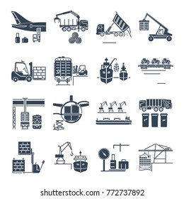 set of black icons loading and unloading of goods, handling, storage