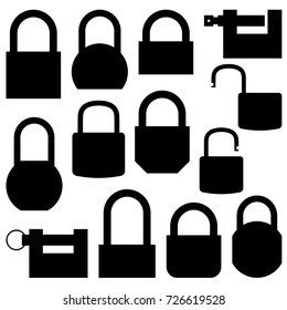 Set black icons lock of different shapes, isolated on white background. Flat style, vector illustration.