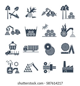 Set Of Black Icons Logging And Forestry Production Process