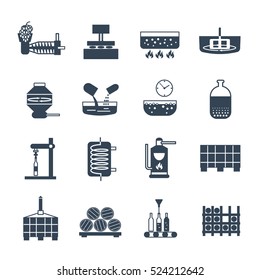 set of black icons manufacture of wine production process