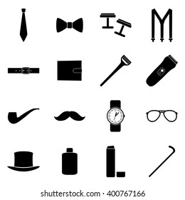 Set of black icons of men's accessories, vector illustration
