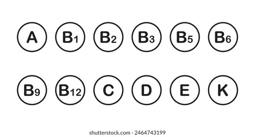 Set of black icons of a multivitamin complex, vitamin supplement A, B, C, D, E, B1, B2, B3, B5, B6, B9, B12.