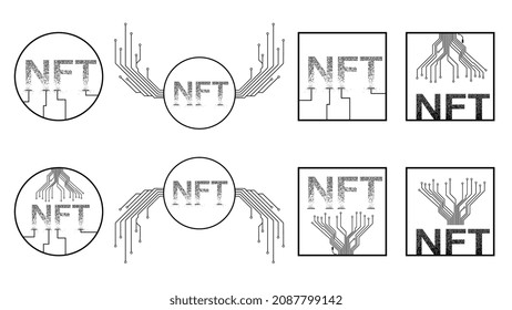 Set of black icons NFT non fungible token isolated on white background. Website design element. Vector illustration.