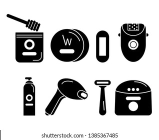 Set of black  icons on the subject of epilation, depilation. Icon for website, beauty salon blog. Flat Vector Illustration