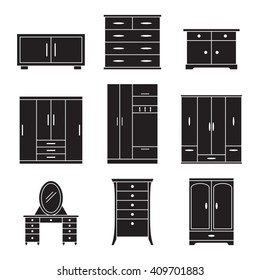 Set of black icons on a theme cupboard