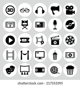 Set of black icons on white background of movie and cinema