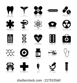 Set of black icons on white background of medicine
