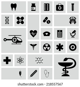 Set of black icons on white background of medicine