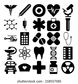 Set of black icons on white background of medicine