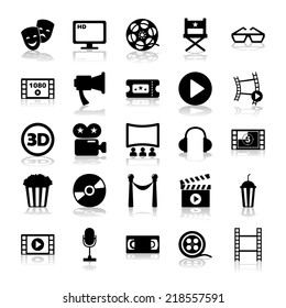 Set of black icons on white background of movie and cinema