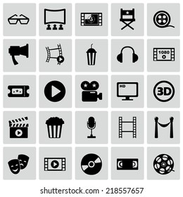 Set of black icons on white background of movie and cinema