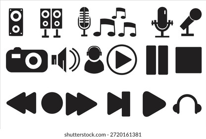 Video Un conjunto de iconos negros sobre fondo blanco que representan varios símbolos de audio y reproductor multimedia