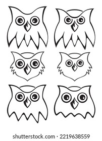 Set of black icons with owls head isolated on white background. Illustration can be used for tattoo, children's clothing, school supplies design, banners, logo