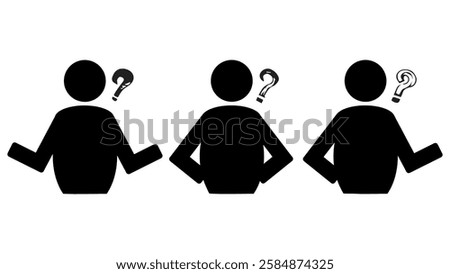 Set of black icons of people with question marks drawn in ink, collection of people asking questions, concept of not knowing, ask icon or logo isolated signs, worried mans pictogram