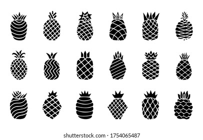 Set black icons of pineapple fruit with leaf isolated on white background. Tropical fruit bundle. Simple minimal flat style. Logo design, stamp. Symbol exotic summer. Vector illustration