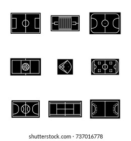 Set of black icons playgrounds football, soccer, basketball, baseball, ice hockey, volleyball, handball and tennis, isolated on white background. Design element of sports objects, vector illustration.