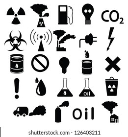 Set Of Black Icons: Pollution, Industrial, Hazardous