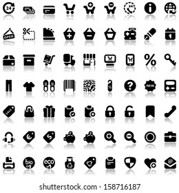 set of black icons with reflection for shopping