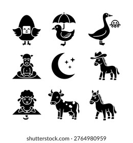 A set of black icons representing animals and objects, featuring a distinctive flat silhouette style.
