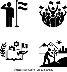 Set of black icons representing civic duty and national pride. Includes person saluting flag crowd holding flags book with gears and tree planting in front of mountains and city skyline.