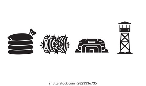 A set of black icons representing coins, security, and surveillance tower, symbolizing finance, security, and monitoring concepts in digital or physical environments.