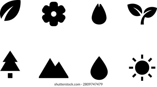 A set of black icons representing eco-friendly concepts, including leaves, flowers, mountains, sun, and water droplets, symbolizing sustainable living and environmental conservation.