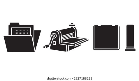 A set of black icons representing folders, paper shredder, file folder, and a document, symbolizing office organization and document management.